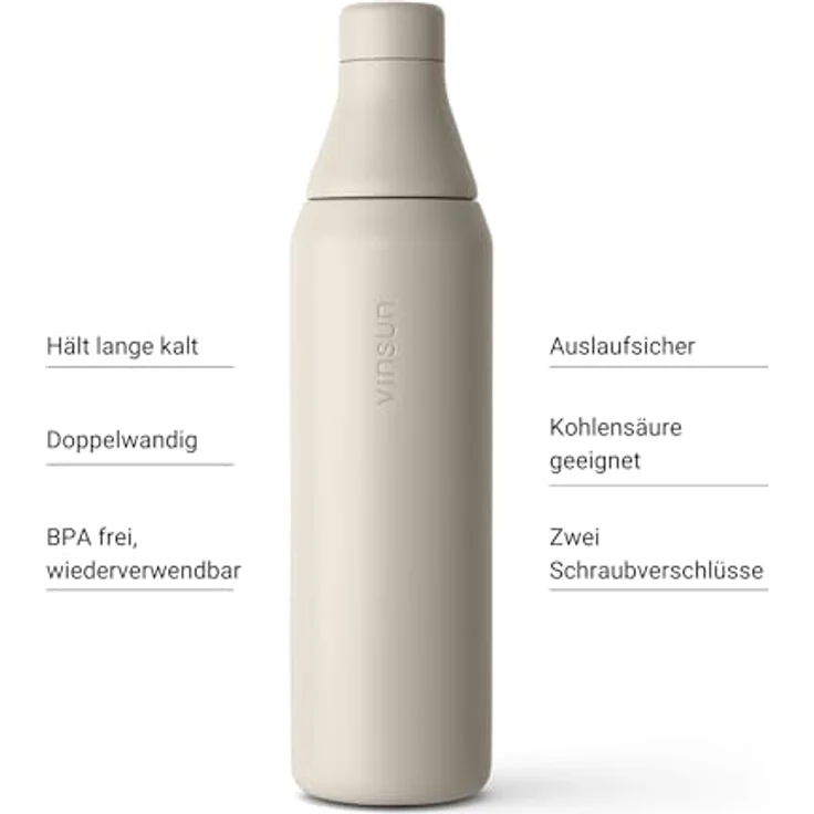 Vinsun Isolierflasche Edelstahl Trinkflasche 750ml doppelwandig isoliert Sprudel geeignet, BPA frei, auslaufsicher, kleine Trinköffnung und große Füllöffnung – Bild 2