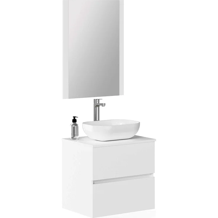 Baikal Onyx Badmöbel montiert, Möbel mit 2 Schubladen, Badezimmermöbel mit Waschbecken, Hängeschrank, Wandschrank, Keramikwaschbecken, inkl. Spiegel, 60 cm, Weiß – Bild 1