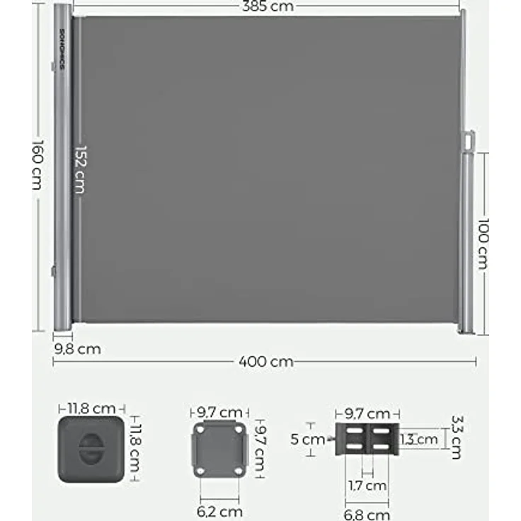SONGMICS Alu-Seitenmarkise, ausziehbar, 160x400 cm, Blickdicht, Sonnenschutz, blickdicht, Seitenrollo, für Balkon, Terrasse, Garten, grau GSA164G03 – Bild 4
