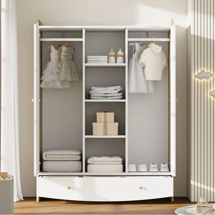 CHICFURN Kleiderschrank mit 2 Kleiderstangen, Schublade und Rattan-Elementen Natur+Weiß 120x50x160 cm – Bild 5