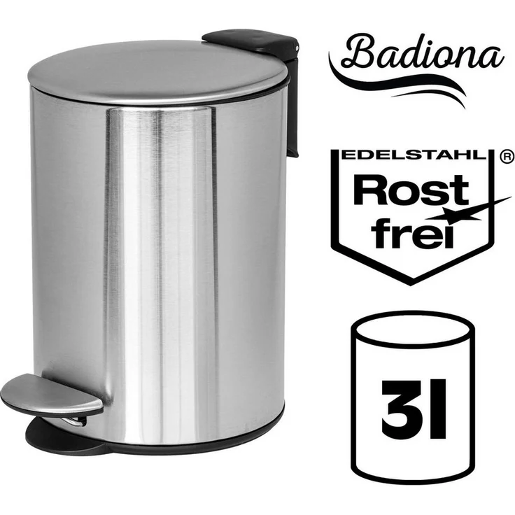 BADIONA Kosmetikeimer Bad 3 & 5 Liter Abfalleimer - Kompakt, Hochwertig, Edelstahl I Absenkautomatik I Tragegriff I Chrome pedal bin – Bild 3