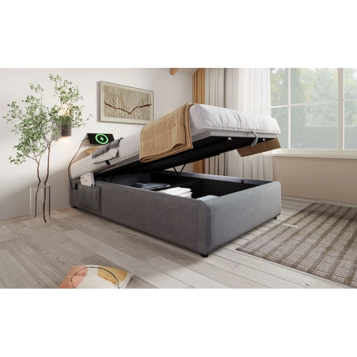 Polsterbett Bettgestell mit Stauraum & USB-Anschluss, 91x192x29 cm, Grau, ohne Matratze – Bild 2