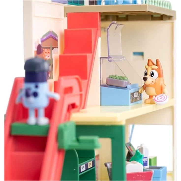 Bluey Supermarkt Spielset, 3-stöckiger Kaufladen mit beweglicher Rolltreppe, 2 Figuren und 13 Zubehörteilen, inklusive Restaurantbereich – Bild 3