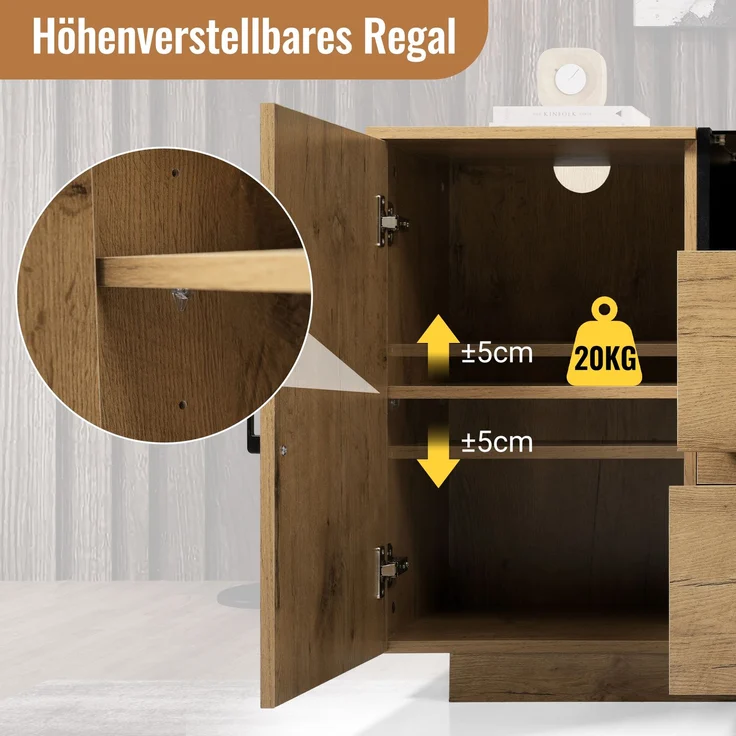 Merax Kommode Sideboard mit 2 Schubladen + 2 Schränken (innen höhenverstellbar) & offenem Fach - ESG-Glas & schwarze Griffe, H70/B140/T40 cm – Bild 5