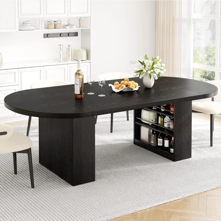 Jocoevol Esstisch 180x80 cm Oval, Massiver Küchentisch mit Stauraum in Seitenschränken, Esszimmertisch für 6-8 Personen, Robust bis 180 kg für Küchen und Esszimmer, Schwarz