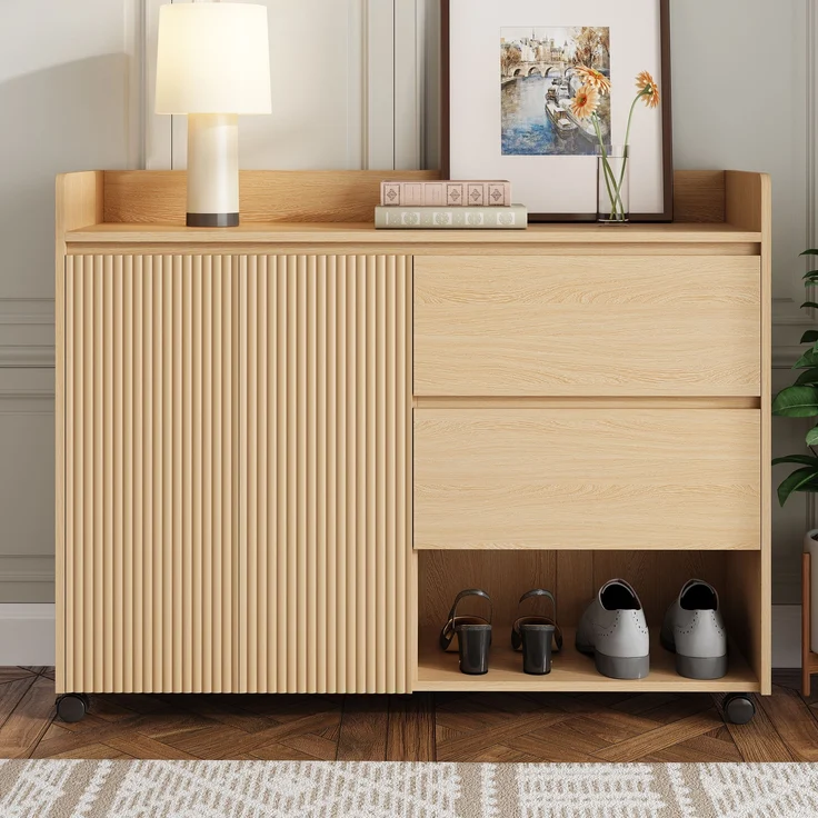 Flurschrank 110x35x86 cm - Mobiler Schuhschrank mit Rollen & verstellbaren Trennwänden – Bild 3
