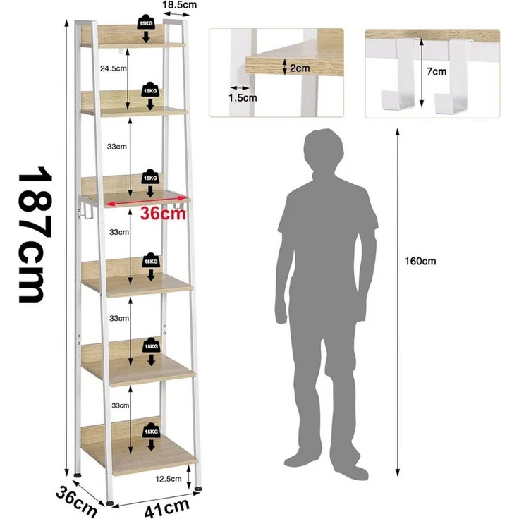 Woltu Standregal, 1-tlg, mit 6 Ebenen, mit 4 Haken, aus MDF Metall – Bild 2