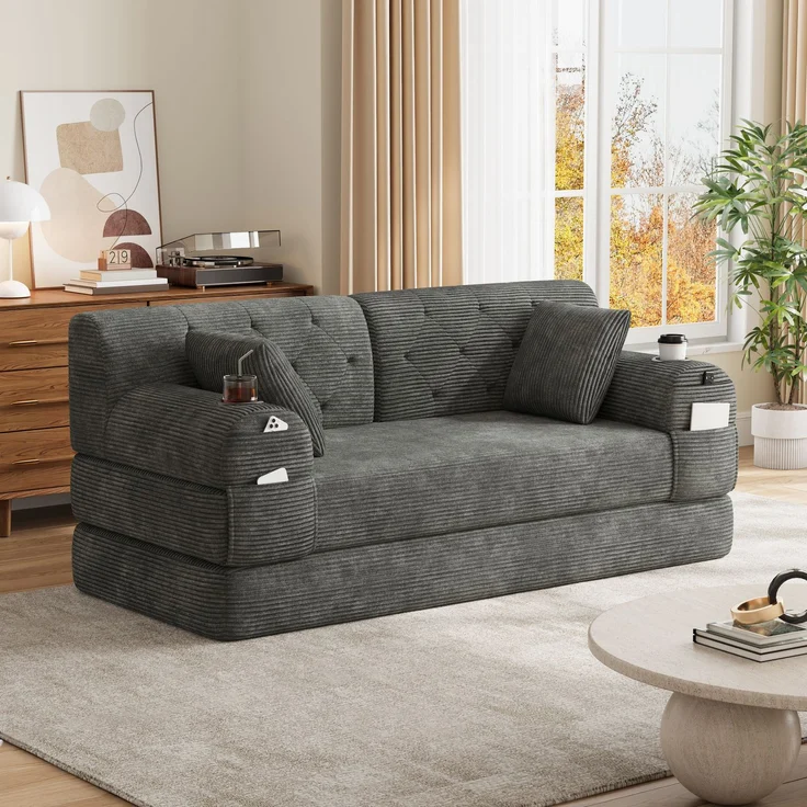 TavilaEcon 2-Sitzer Schlafsofa, komprimiertes Cord Sofa mit hoher Rückenlehne grau 81 × 80 × 168 cm (H × T × B) – Bild 10