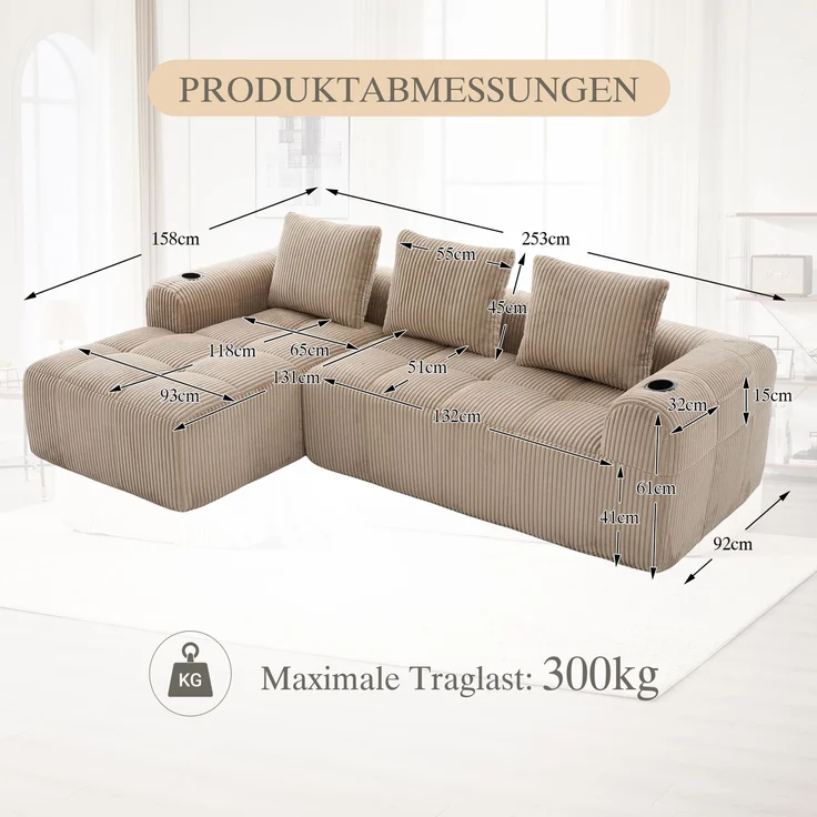 LVHOM Ecksofa 3 sitzer, Bodensofa mit Seitentaschen und Getränkehalter, Polstersofa aus Cordstoff, frei Kombination, Modulares Chaiselongue-Sofa-Set, 253x158x61 cm – Bild 6