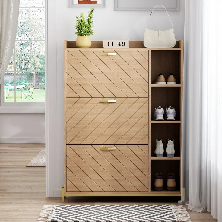 Schuhschrank 90 x 24 x 119 cm aus MDF in Eichenoptik mit 3 Klapptüren und Seitenfächern – Bild 3