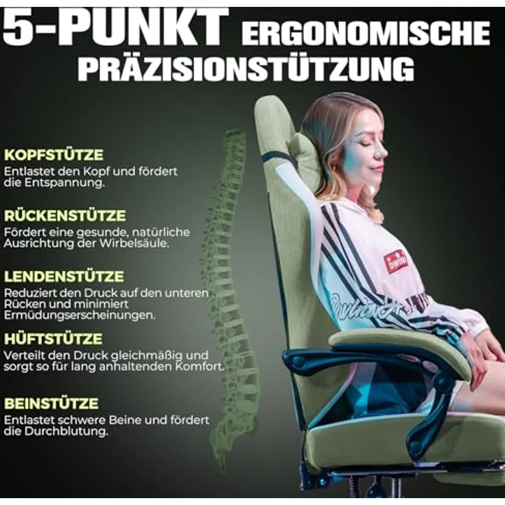 GTPLAYER Gaming Stuhl Ergonomischer, PC Stuhl Atmungsaktiver Stoff, Groß und Hoch Drehbarer Schreibtischstuhl mit Fußstütze,Verstellbare Lendenwirbelstütze und Kopfstütze,Grün – Bild 5