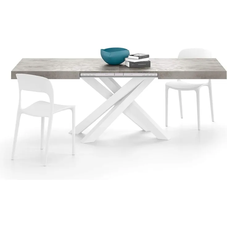 MOBILI FIVER, Ausziehbarer Tisch Emma 140, Grauer Beton mit weißen X-Beinen, Laminiert/Eisen, Made in Italy