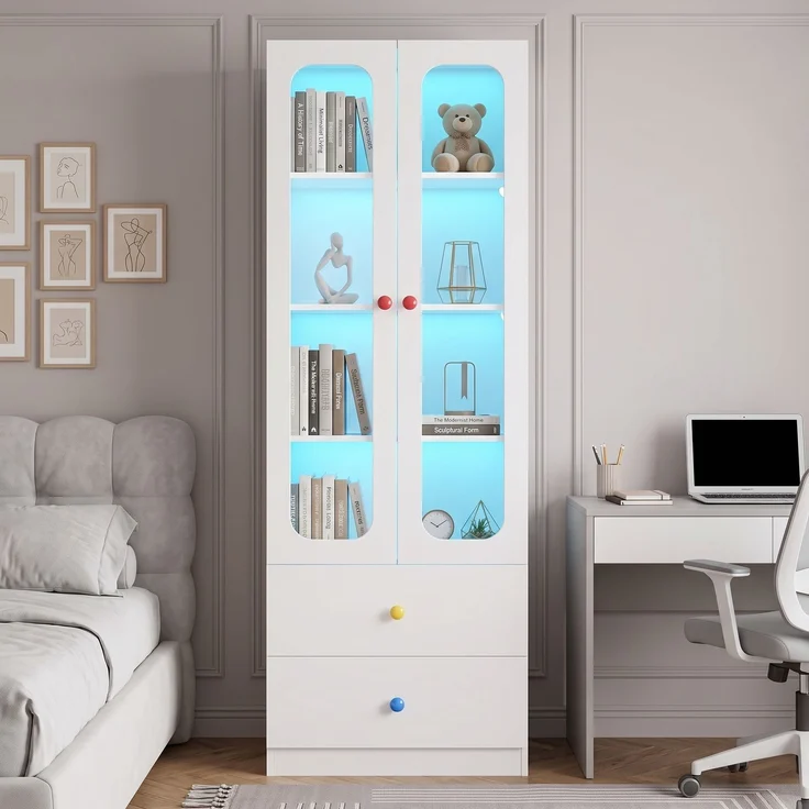 ZUBALIYA Glasvitrine, Aktenschrank, Sammelfiguren-Vitrine, 4 Ebenen Spielzeugschrank mit 2 Schubladen, RGB-LED-Beleuchtung per App steuerbar, Kindermöbel, bunte kugelförmige Keramikgriffe, weiß, 60x35x170 cm – Bild 21