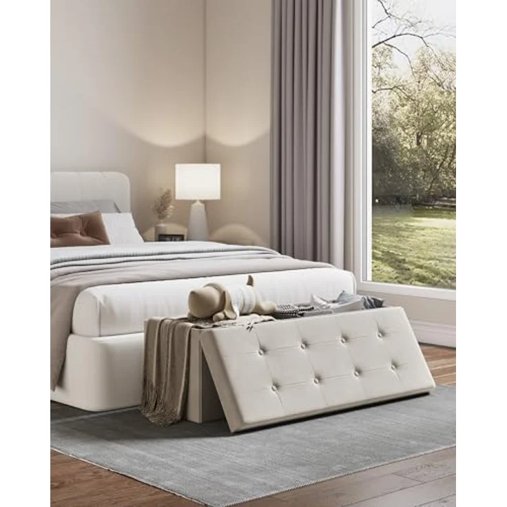 WOLTU Sitzhocker mit Stauraum Sitzbank faltbar Truhen Aufbewahrungsbox, Deckel abnehmbar, Gepolsterte Sitzfläche aus Samt, 110 x 37,5 x 38 cm, Cremeweiß, SH73cm – Bild 8