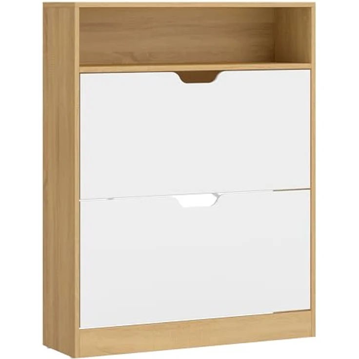 VASAGLE Custos Kollektion - Schuhschrank, Schuhkipper, Schuhaufbewahrung, offenes Fach, Trennwand verstellbar, 2 Klappen, 24 x 80 x 102 cm, 14-16 Paar Schuhe, goldeichenfarben-wolkenweiß LBC048YA02 – Bild 2