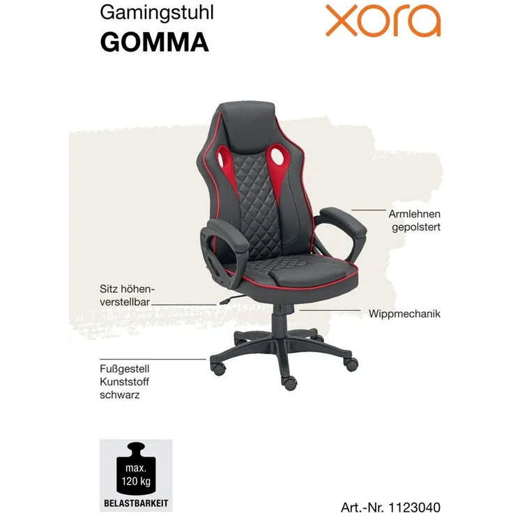XORA 'GOMMA' Gamer Stuhl, Kunstleder schwarz, 65.5 x 120 x 69 cm, höhenverstellbar, 120 kg belastbar – Bild 3