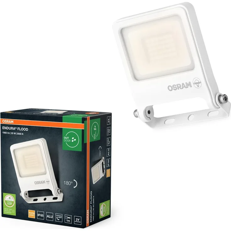 Osram ENDURA FLOOD PC 20W LED-Fluter, 3000K warmweiß, 1800 Lumen, IP65 Flutlicht in Weiß, recyceltes Aluminium, Schwenkbügel 180°, Weiß