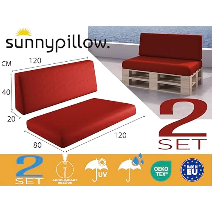 sunnypillow Palettenkissen Milano - 2er Set Palettenauflage mit abnehmbarem Bezug Kaltschaum, 2er Set Sitz- und Rückenkissen – Bild 3