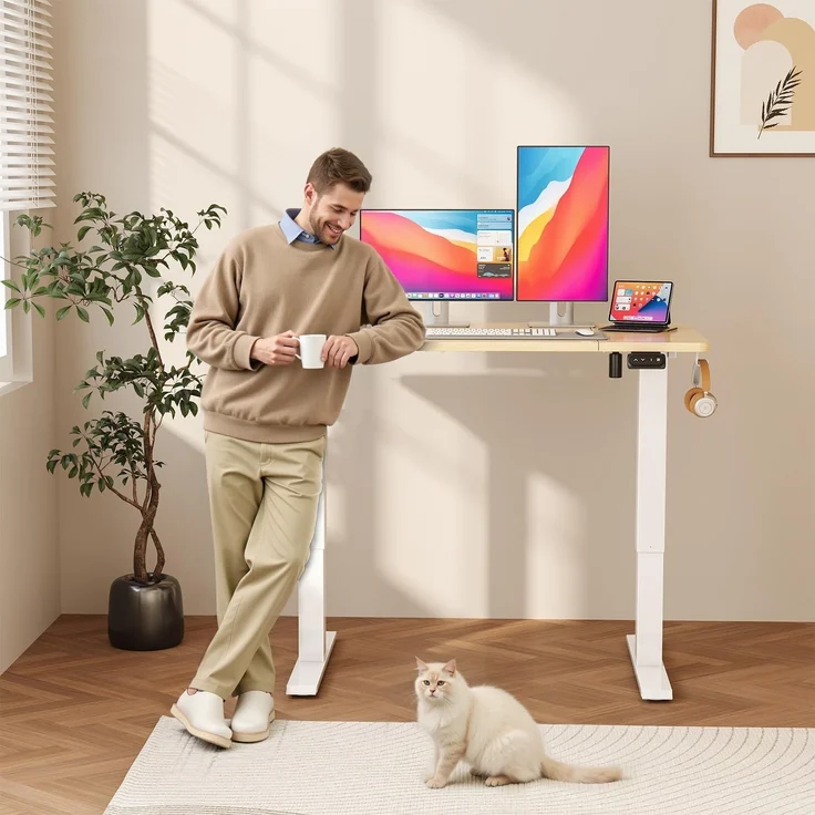 JUMMICO HöHenverstellbarer Schreibtisch Standing Desk Elektrischer Schreibtisch Höhenverstellbar mit Memory-Funktion 100x60 cm,Beige – Bild 4