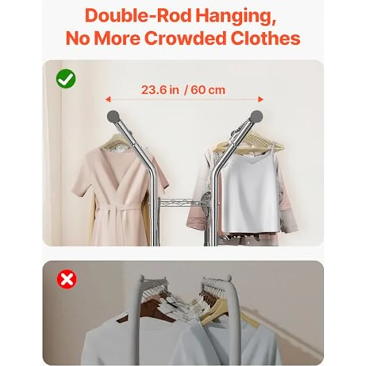 VEVOR Kleiderständer, rollbar mit 2 Kleiderstangen und 2 Ablageflächen, höhenverstellbar bis 120 kg, aus Karbonstahl, ideal für Schlafzimmer und Waschküche – Bild 5