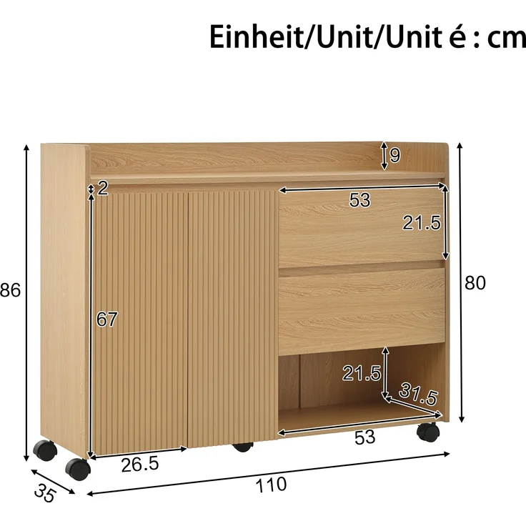 Schuhschrank aus MDF mit Rollen & Schubladen, 110x35x86 cm, Natur – Bild 3