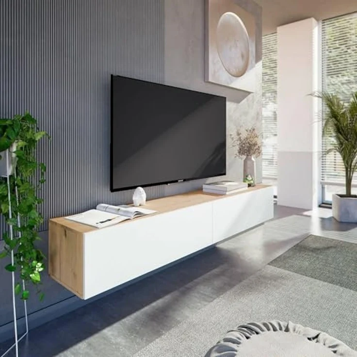 Dmora - TV-Ständer Vincennes, TV-Ständer mit 2 Türen, hängender Wohnzimmerschrank, 180x35h28 cm, Node-Eiche und glänzendes Weiß – Bild 4