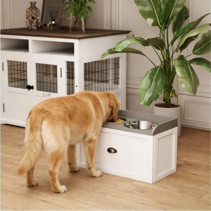 PawHut Futternapf erhöhter Fressnapf mit Schublade, Edelstahl, Weiß 60 x 30 x 36 cm – Bild 5