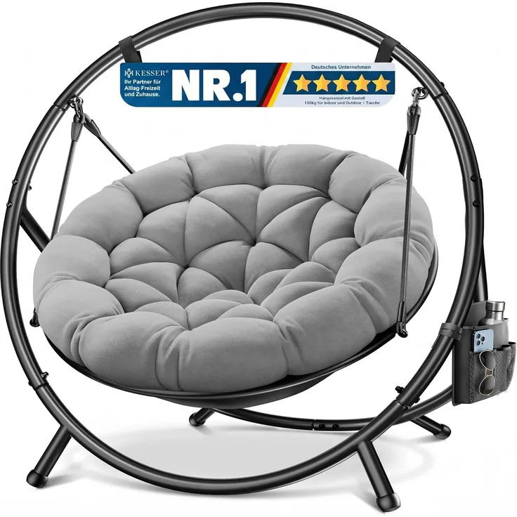 KESSER® Hängesessel mit Gestell BALI Hängeschaukel Hängestuhl bis 150kg für Indoor und Outdoor + Kissen & Seitentasche Hängekorb Stahlgestell & Schaumstoff Sitzpolster ideal für Wohnzimmer & Garten Grau