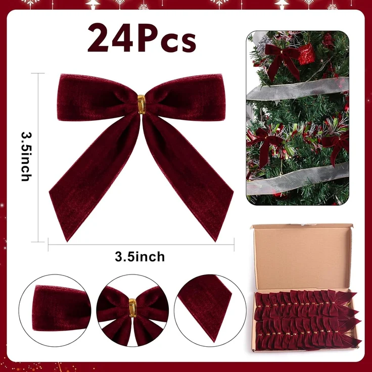 24 Stück – Samt-Schleifen für Weihnachtsbaum, Kranz & Geschenk, 8,9 cm (Weinrot) – Bild 2
