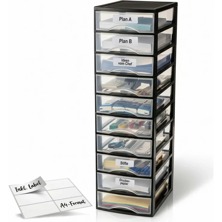 Hausfelder Schubladenbox Schubladenschrank A4 mit 10 Schubladen inkl. Aufkleber, (1-St, A4 mit 10 Schubladen mit Aufkleber), leicht zu reinigen, BPA-freier Kunststoff, verschiedene Größen