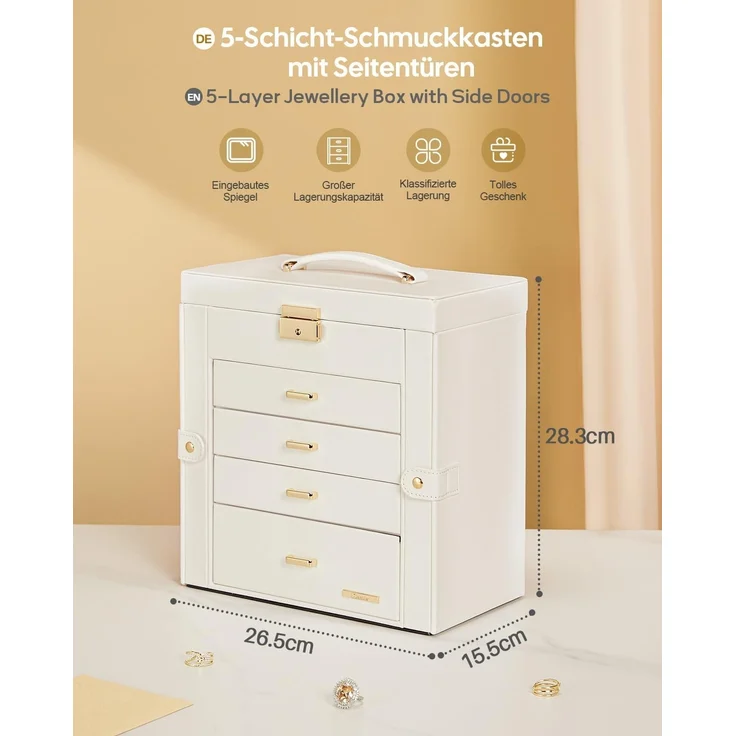 Yorbay Schmuckkasten Schmuckkoffer mit 5 Ebenen, 2 Seitenfächern, Weiß (Mit Spiegel), Schmuckkästchen, abschließbar, für Halsketten, Uhren, Ringe, Brille – Bild 2