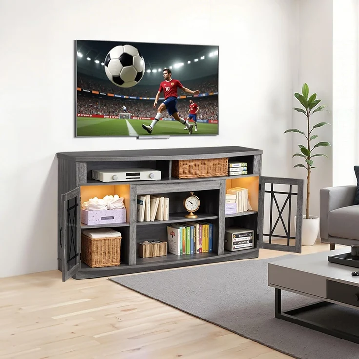 VEVOR TV-Ständer für Fernseher bis zu 65 Zoll, TV Tisch mit Lichtleiste, TV-Schrank aus Holz mit Glastüren & verstellbaren Regalen, Konsolentisch Fernsehschrank für Wohnzimmer Schlafzimmer, Grau – Bild 8