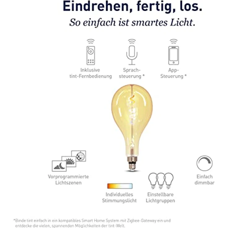 tint Smarte LED-Birne Retro Gold XXL E27, Dimmbare Glühbirne mit weißem Licht (1800-6500 K), steuerbar per Alexa und Fernbedienung, 4,9 W – Bild 2