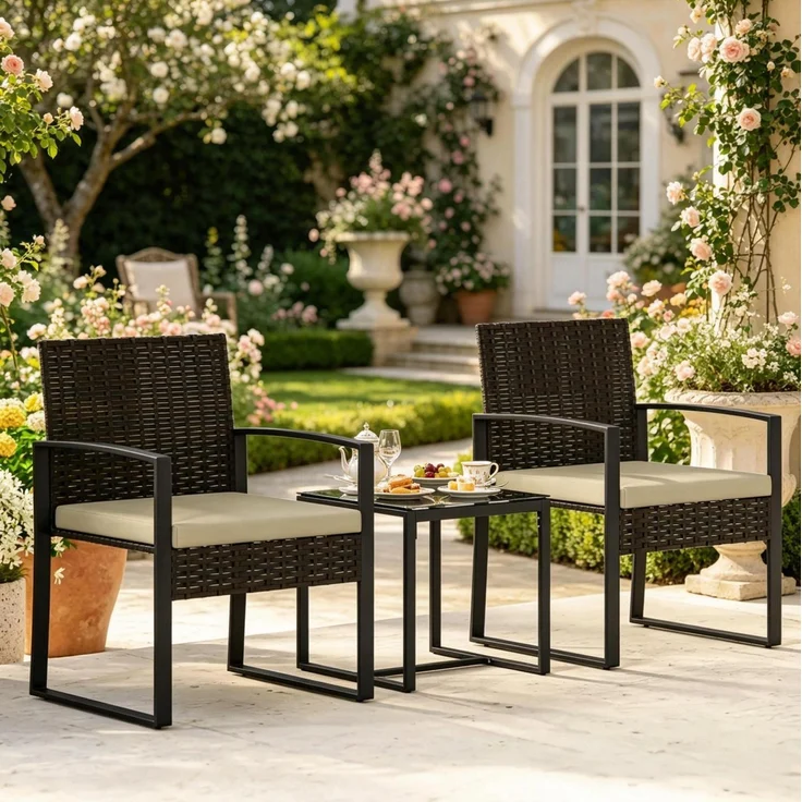 Gartenmöbelset aus PE-Rattan, 2 Sessel mit Kissen & Glastisch, 55x58x76 cm, Braun/Khaki/Schwarz – Bild 1