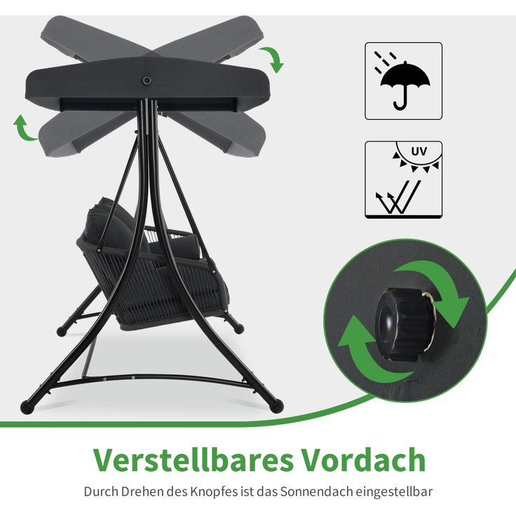 M MCombo Hollywoodschaukel 3-Sitzer, Gartenschaukel mit Verstellbares Sonnendach, Schaukelbank Outdoor, Gartenliege Wetterfest, Sitzbezug Abwaschbar 8026 (Dunkgelgrau) – Bild 3