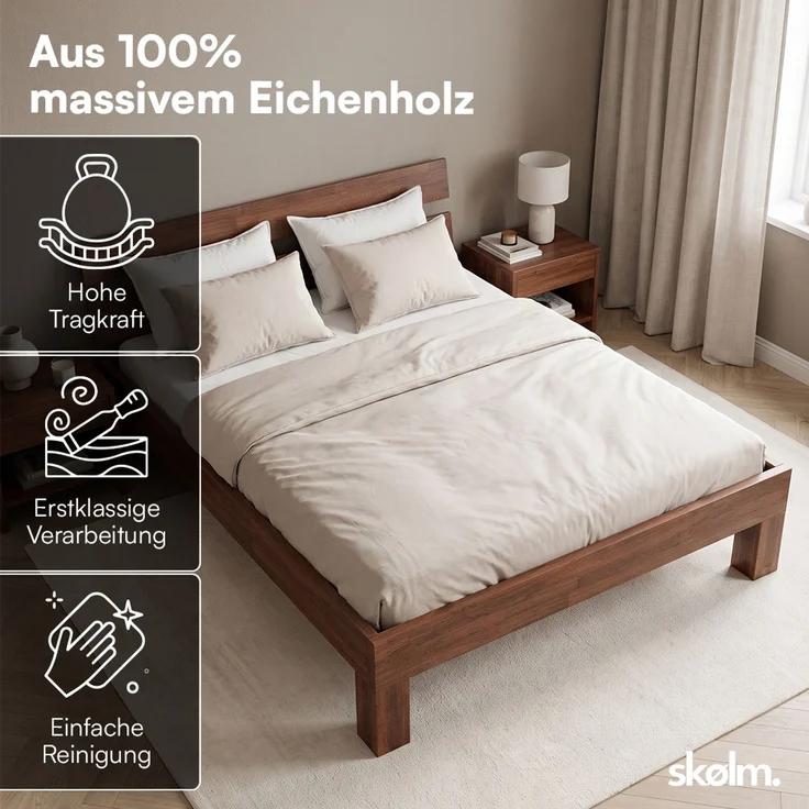skølm 'Floki' Bett 140x200 cm, Bettgestell aus Eiche, Bettkopf 2 Streben, Massivholzbett lackiert, Walnuss Optik, geeignet als Doppelbett – Bild 3