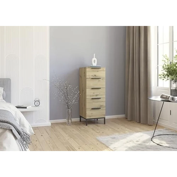 Rauch Möbel Flipp, schmale Hochkommode mit viel Stauraum für Flur, Wohnzimmer, Schlafzimmer, mit Metallkufe graphit, Eiche Artisan, 5 Schubkästen, Griffe graphit, 40 x 111 x 42 cm – Bild 2