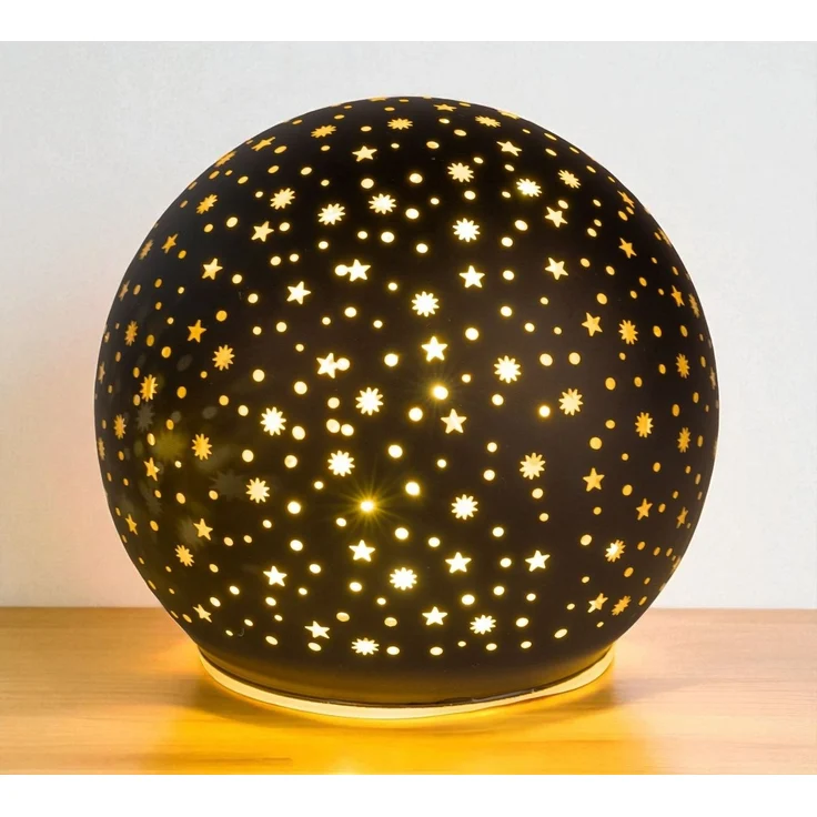 formano LED Deko-Kugel Drehend Schwarz - 15cm Glaskugel Timer 6h/18h Weihnachten Deko - mattes Farbglas und winterlichen Sterne-Dekor - Herbst Winter Weihnachtsdeko für Tisch Regal Fensterbank – Bild 3