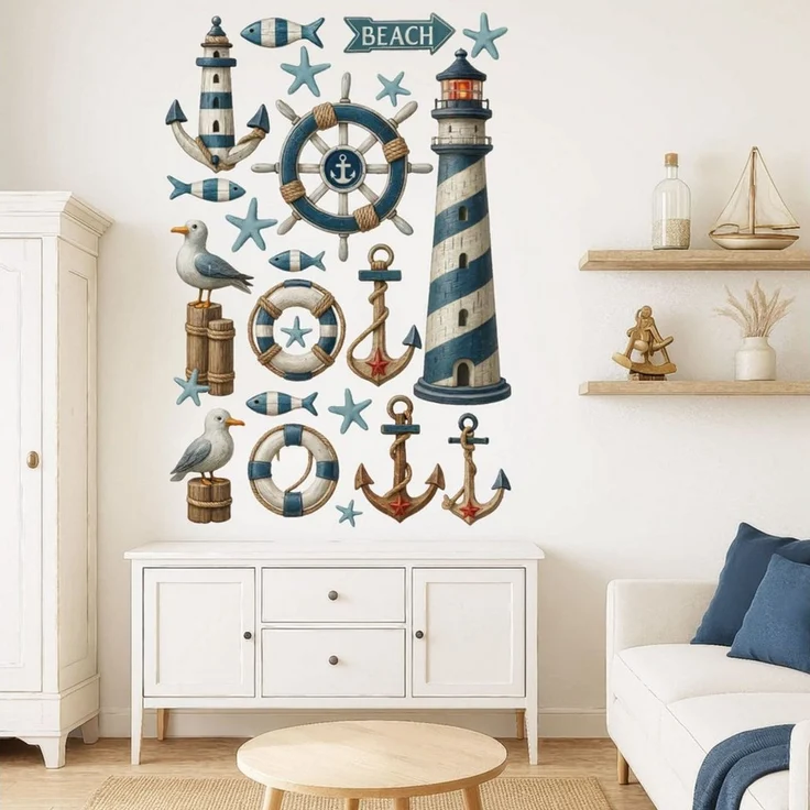Sunnywall Wandtattoo Aufkleber Maritim Set – Leuchtturm, Möwen, Anker & Seesterne, selbstklebend, konturgeschnitten, rückstandslos entfernbar – Bild 5