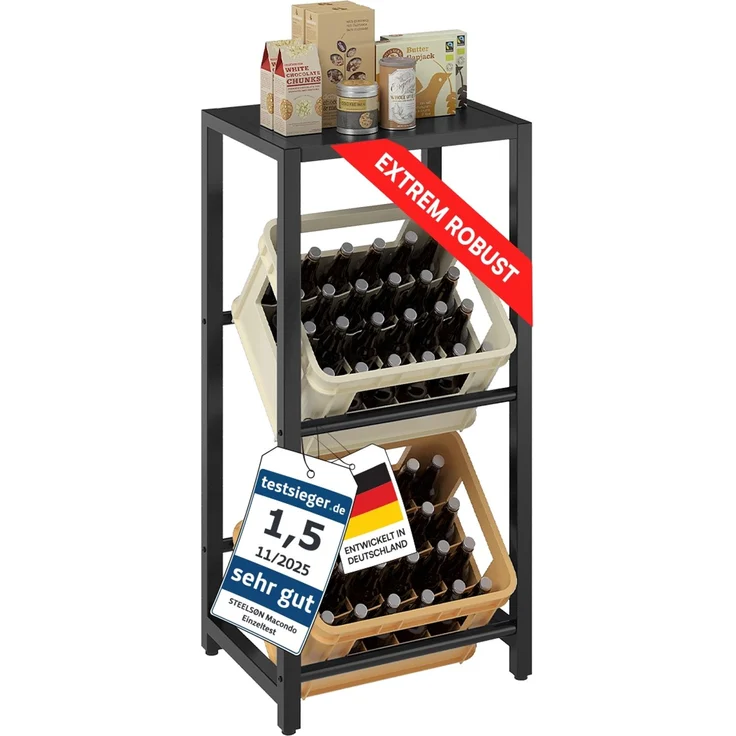 STEELSØN 'Macondo' Getränkekistenregal, Metall, schwarz, 115x50x33 cm, Getränkeregal für 2 Kisten, mit Ablagefach – Bild 1