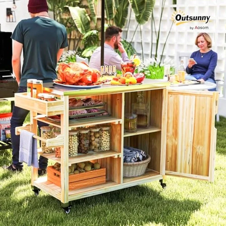 Outsunny Servierwagen 6-Etagen mit Arbeitsfläche Handtuchregal, aus Tannenholz, (BBQ Grilltisch, 1 St, Grillwagen), für Garten, Terrasse 134,5x50x91,5cm Naturholz – Bild 2