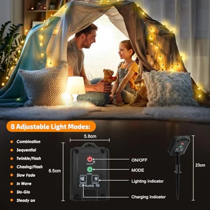Solar Lichterkette Aussen Wetterfest, 60 LED 13,2M 43,3Ft 8 Modi IP65 Outdoor Lichterkette Solar aussen Wetterfest Lampions für Balkon Terassen Garten Bäume Weihnachtsdekoration Festival(warmweiß) – Bild 4
