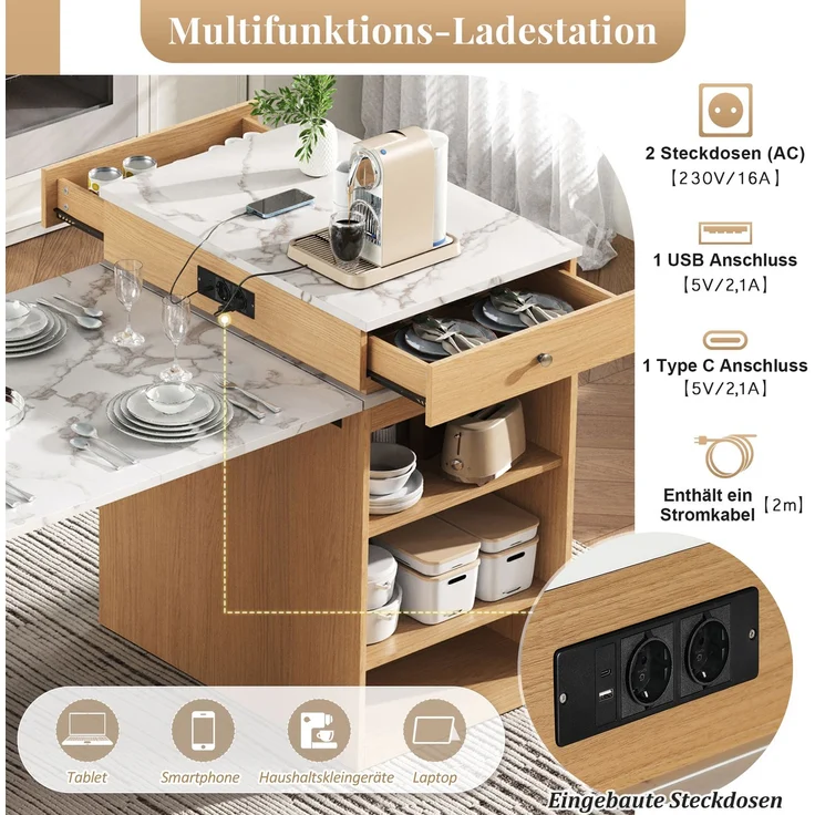 Merax Kücheninsel mit Rollen, Ausziehbarer Esstisch mit abnehmbarer Tischplatte, Bartisch mit Steckdosenleisten, dient als Kücheninsel, Anrichte, Sideboard oder Bartisch für Küche und Esszimmer (Natur) – Bild 7