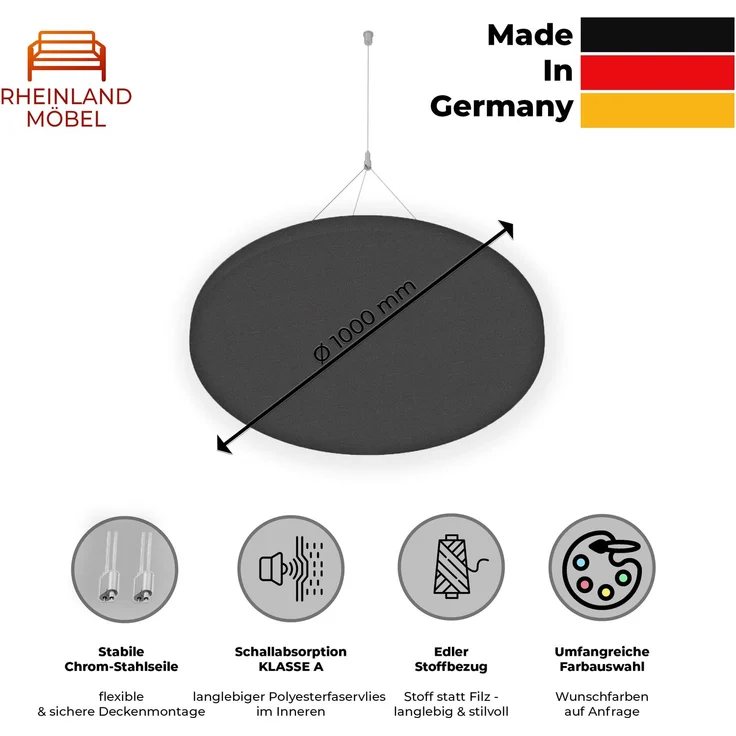 Rheinland Möbel FocusWall DAR10 – Runder Akustik-Deckenabsorber Ø 100 cm in Stofffarbe Blizzard inkl. Chrom-Stahlseilen - Made in Germany - Klasse A, Stoffbezug, schwer entflammbar – Bild 2