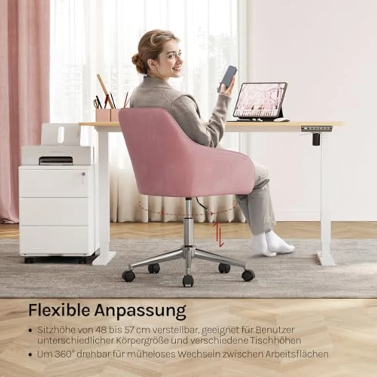 WOLTU Homeoffice Stuhl, Schreibtischstuhl, Drehstuhl, Schminkstuhl, höhenverstellbar, bis 150 kg belastbar, mit Armlehnen Samtsitz, für Schlafzimmer Büro Wohnzimmer, Rosa+Silber BS145rsw – Bild 5