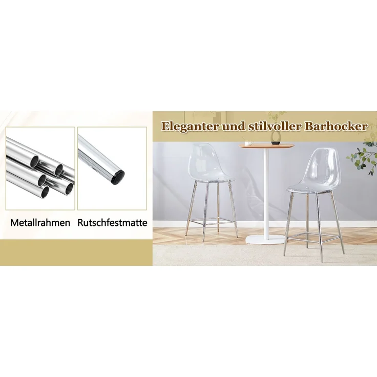 Transparentes Barhocker-Set, 4er-Pack, mit Metallgestell in Silber/Gold/Schwarz, Moderne Design-Stühle für Küche, Bar oder Esszimmer (Nur Stühle, ohne Tisch)--Silber--102x45x51cm--CHENHAONING – Bild 5