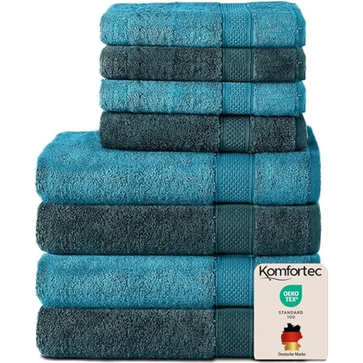 Komfortec 8er Handtuch Set aus 100% Baumwolle, 4 Badetücher 70x140 und 4 Handtücher 50x100 cm, Frottee, Weich,Groß, Türkis/Petrol – Bild 2
