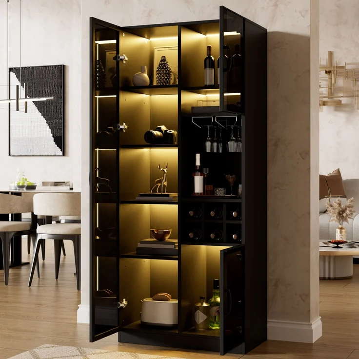 Vitrine 60 x 36 x 160 cm aus MDF und PB mit LED-Beleuchtung, Glastüren und Weinregal – Bild 3