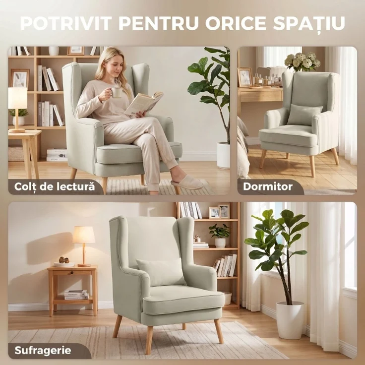 Akzentstuhl, Sessel mit Leinen-Optik, hoher Rückenlehne, breitem Sitz, Lendenkissen, Beige--Beige--77x77x110cm--YOUDENOVA – Bild 7