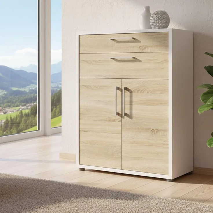 Dmora - Kommode Jemima, Wohnzimmerbuffet, Wohnzimmer-Sideboard, Moderne Küchen-Speisekammer, 89x40 h113 cm, Weiß und Eiche